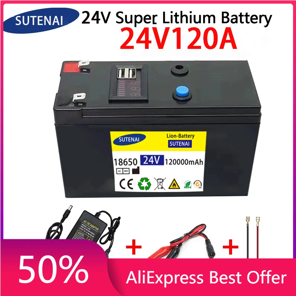 

24V Battery 120Ah 18650 lithium battery pack Rechargeable battery for solar energy electric vehicle battery+25.2v2A charger