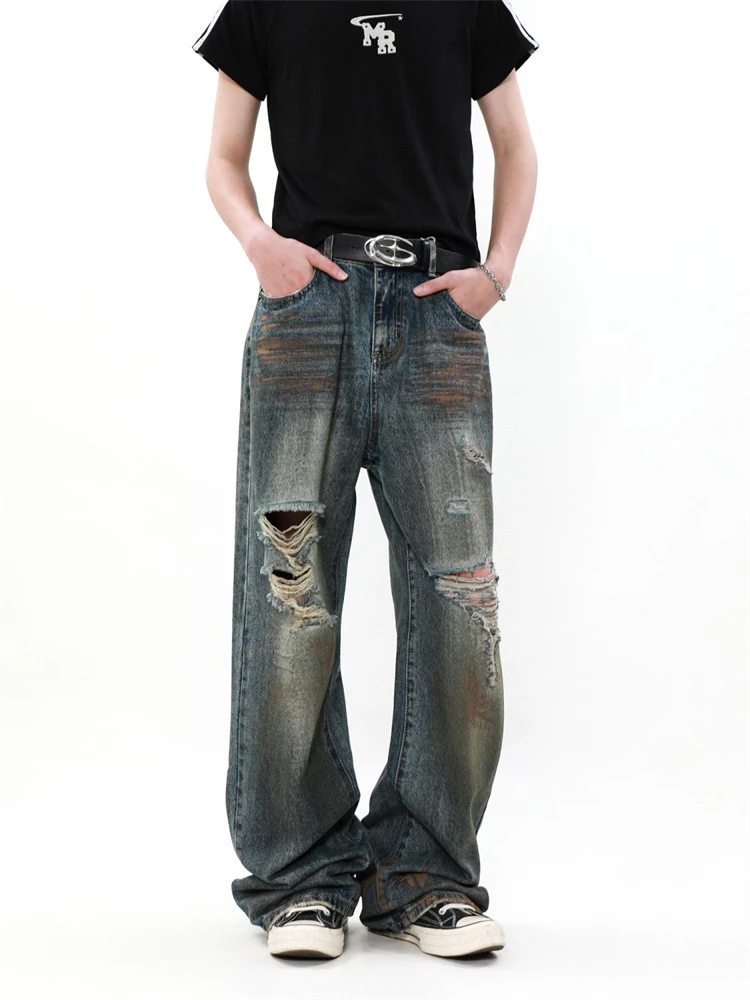 Женские прямые джинсовые брюки с дырками винтажные высокой талией