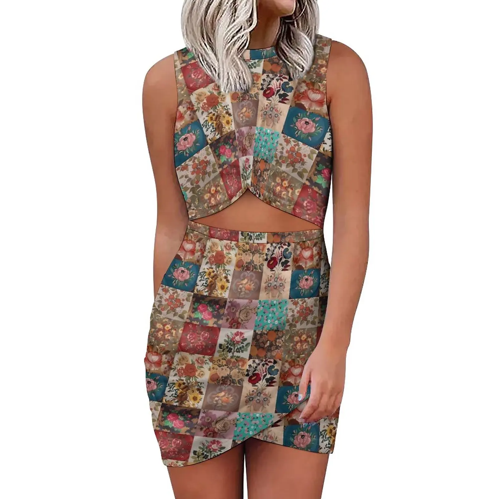 

Облегающее платье с цыганским пэчворком, летние Клубные Платья с цветочным принтом, женское платье без рукавов, индивидуальная уличная одежда, большой размер