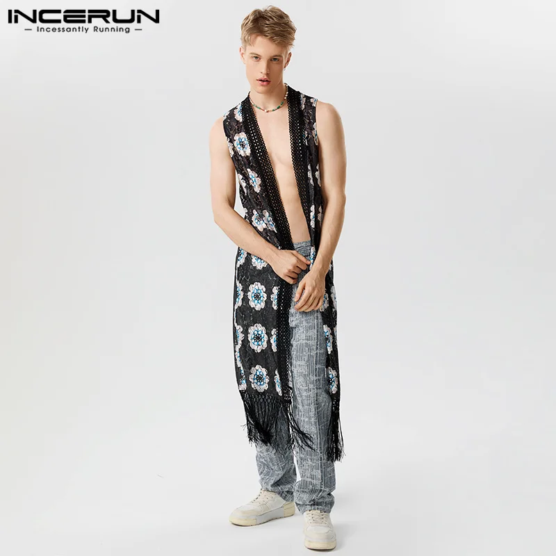 

Мужская рубашка 2023, кружевная рубашка без рукавов с открытым стежком, уличная одежда, длинный стильный кардиган, мужские прозрачные рубашки с рисунком