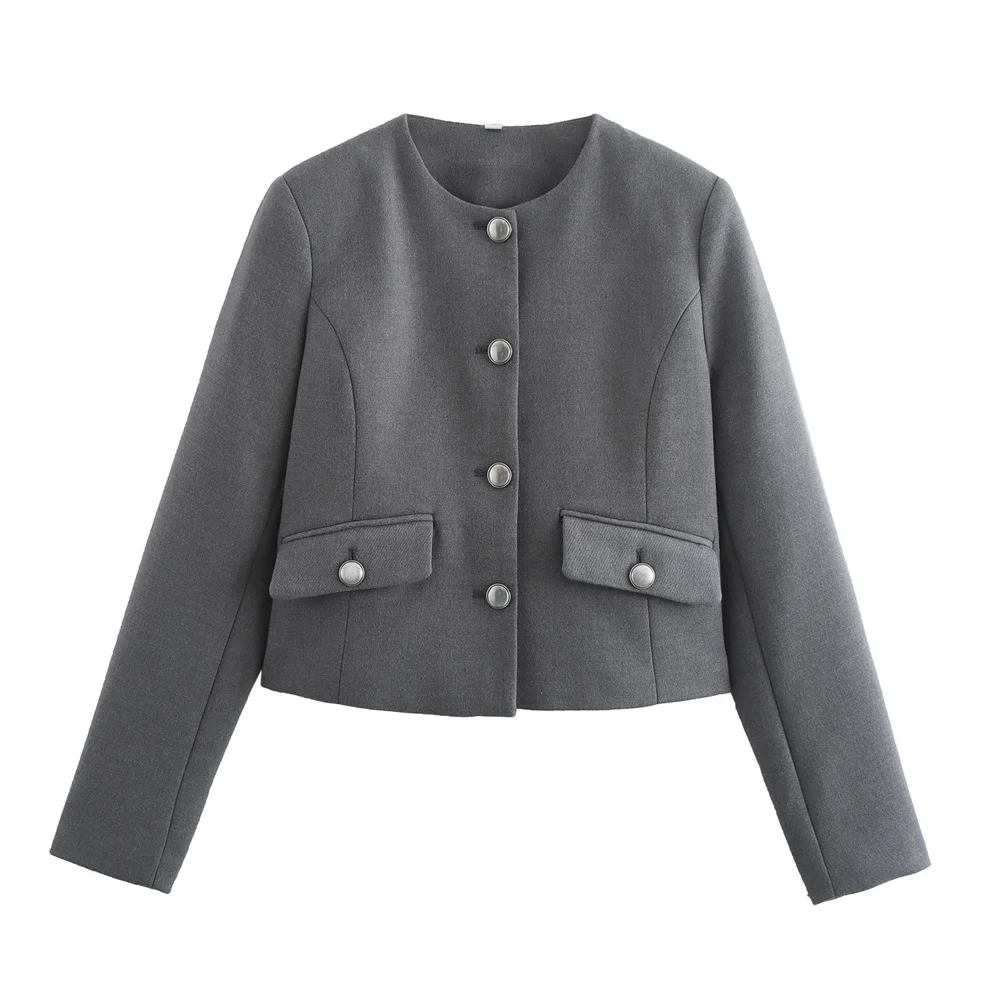 Женское повседневное пальто с круглым вырезом и металлическими пуговицами