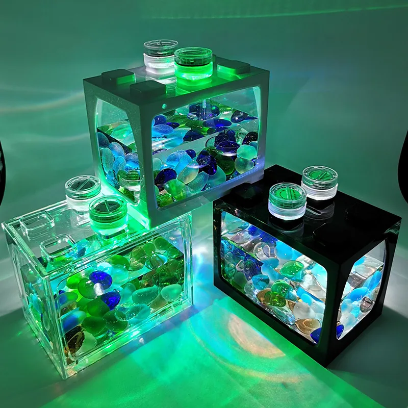 Aquarium Mini Fish Tank Reptile Pet LED Light Box Stackable Aquarium Cylinder Landscape Seawed for Home Office Decoration