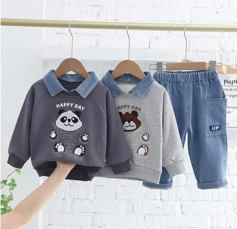 

Designer children suit baby boy clothes Cartoon denim lapels long sleeves hoodie+pants 2pcs kids bebes outfits infant clothing