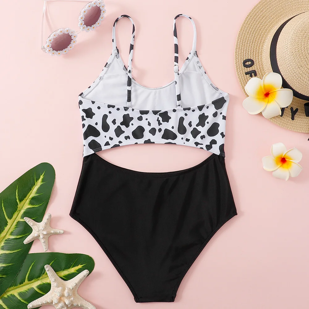 Цельнокроеный Купальник для девочек с лоскутным рисунком коровы детские