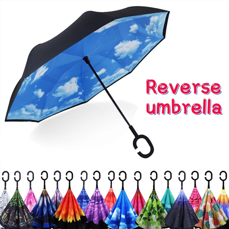 

2023 Hot Folding Long Shank Double Layer Inverted Umbrella Windproof Reverse C-Hook male golf umbrella reverse Umbrellas For Car