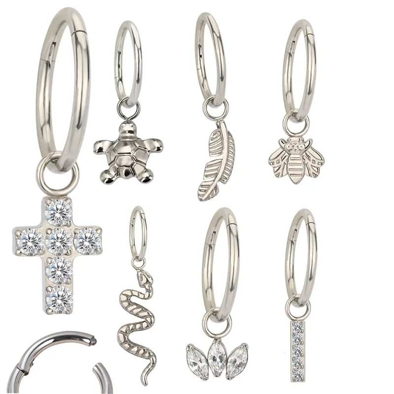 

ASTM F136 Titanium PIERC Hinged Segment Hoop Earrings CZ Paved Tragus Ear Nose Ring Snake/bee/feather/Tortoise/Dangle Piercing