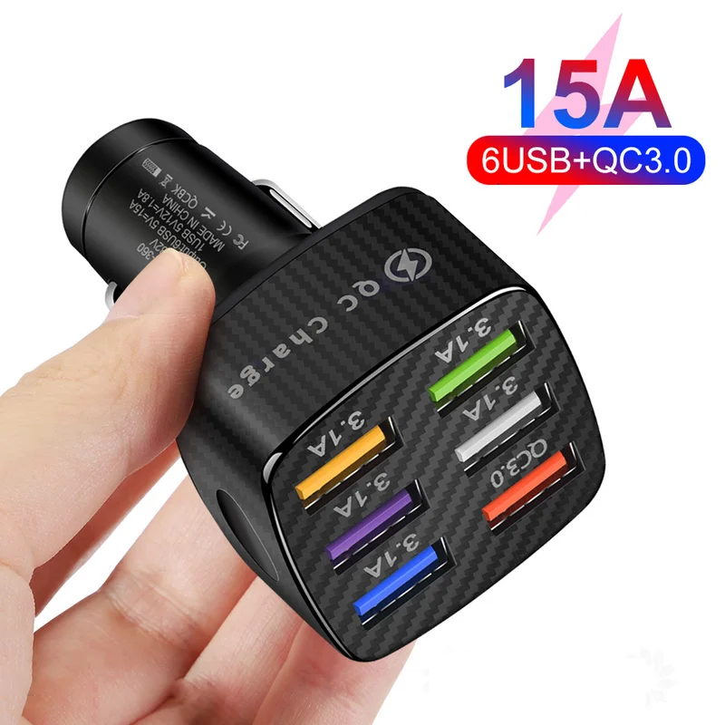 

15A 6 Ports USB Car Charger LED Fast Charging for IPhone Samsung Xiaomi Ipad QC 3.0 Charge Cigarette Lighter Adapter