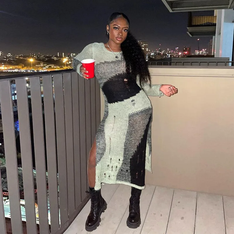 

Женское платье-свитер с длинным рукавом, Повседневное платье составного кроя с разрезом, Осень-зима 2023