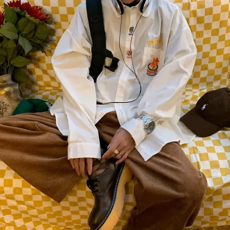 Женская винтажная рубашка с длинным рукавом белая блузка оверсайз в японском