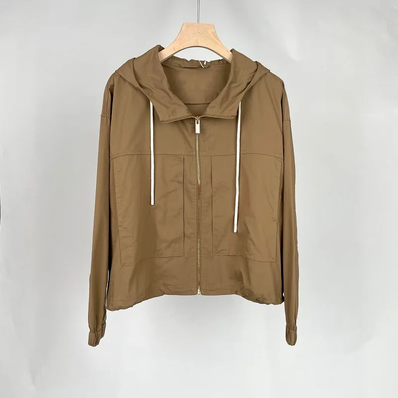 

Женская ветровка с капюшоном, повседневная короткая куртка из полиэстера и хлопка с простым силуэтом, одежда на весну и осень 2023