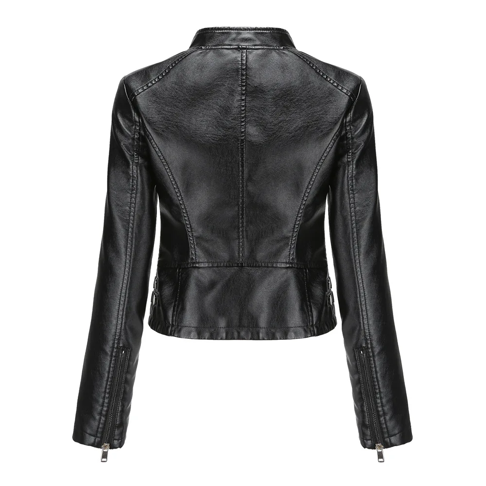 Kenntrice Women's Biker Jacket Spring Autumn Thin Long Sleeved PU Faux Leather Jacket Stylish Lady Stand Collar Outwear