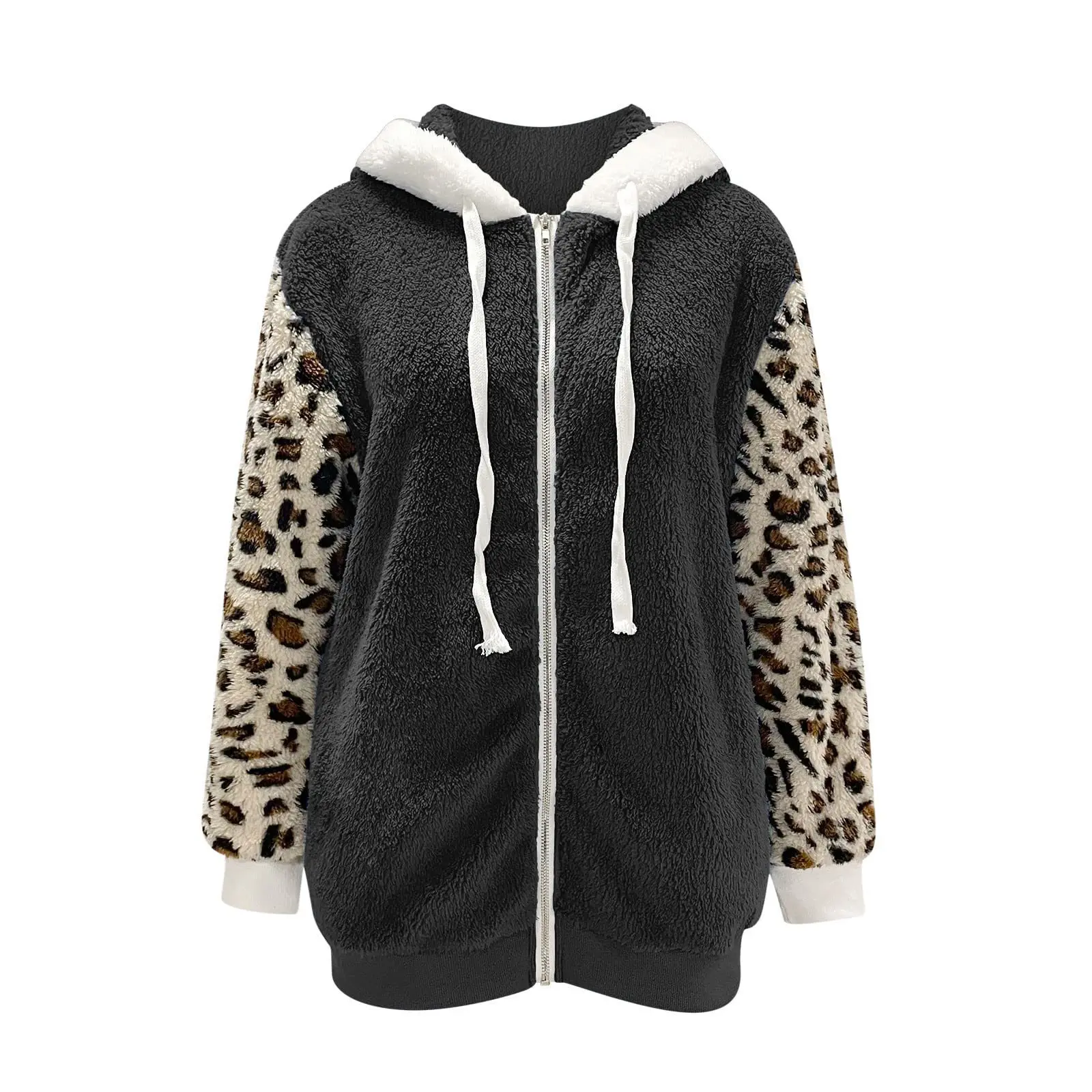 2023 Autumn/Winter Zipper Hooded Plush Coat for Women Long Sleeve Leopard Pattern Panel Coats and Jackets Women