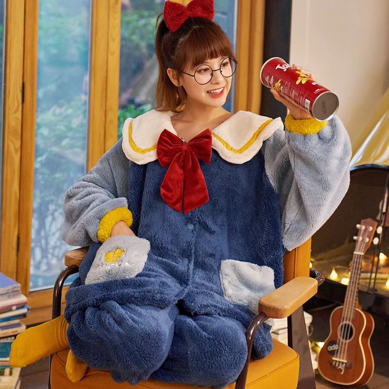 Winter Pajamas Keep Warm Princess Style Plus Size Loose Version Coral Fleece Inspissate Nighty Women Sleepwear Pajama Set