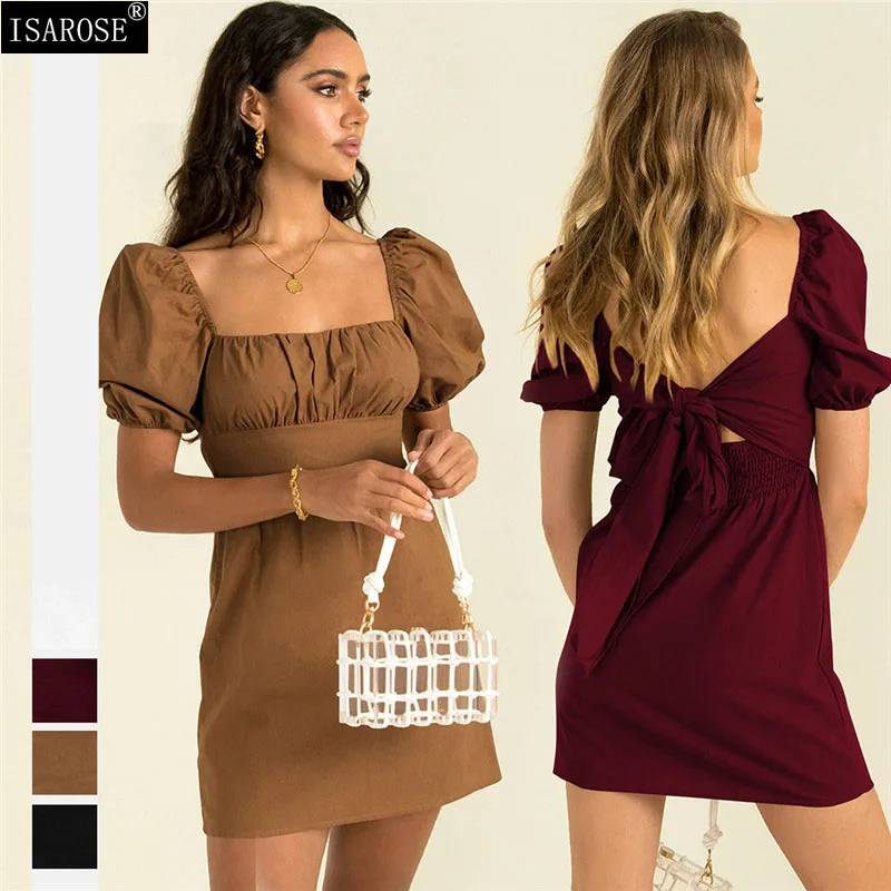 

ISAROSE Women Casual Summer Dress Solid Color Short Puff Sleeve High Waist Back Side Bow Above Knee Square Collar Mini Dresses