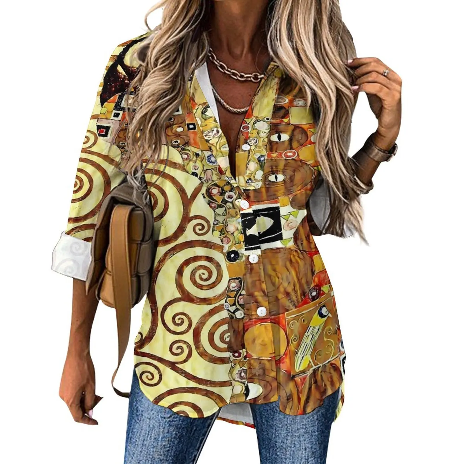 

Gustav Klimt Detail Blouse Women The Trees of Life Casual Loose Blouses Summer Long Sleeve Vintage Shirts Graphic Tops Big Size
