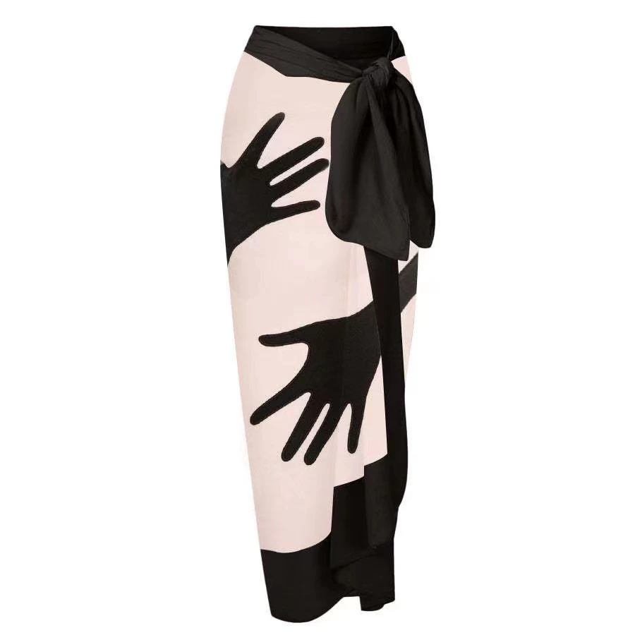 

Vintage Women Swimwear Swimsuit Cover Up Sheer Skirt Print Beach Wrap Bikini For Swimwear Mesh Drawstring Cover-up Skirt