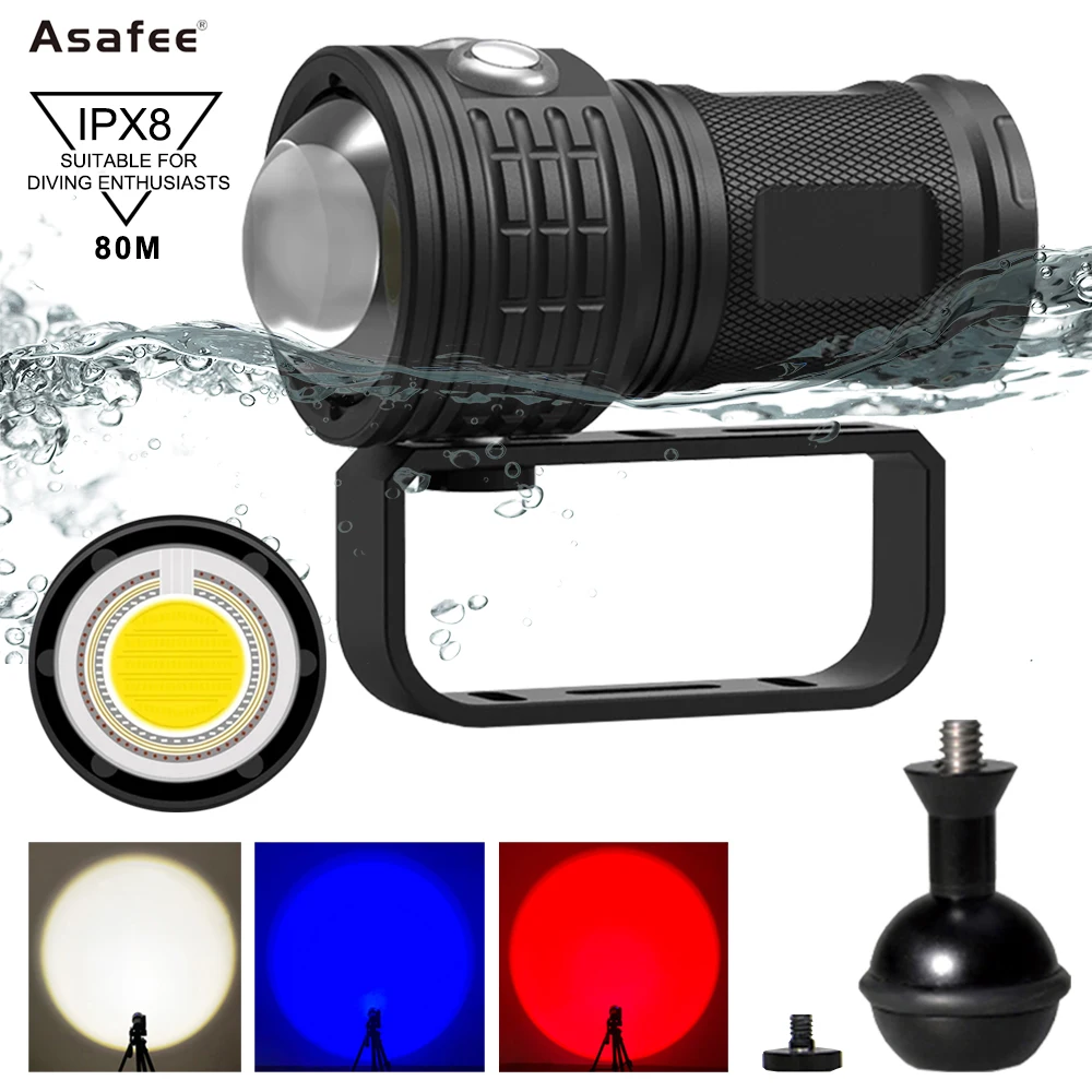 

Asafee DRC01 80M Deep Diving Flashlight IPX8 Waterproof 80°c Degree Photography COB 6000LM Torch Range 300-500M Double Switch