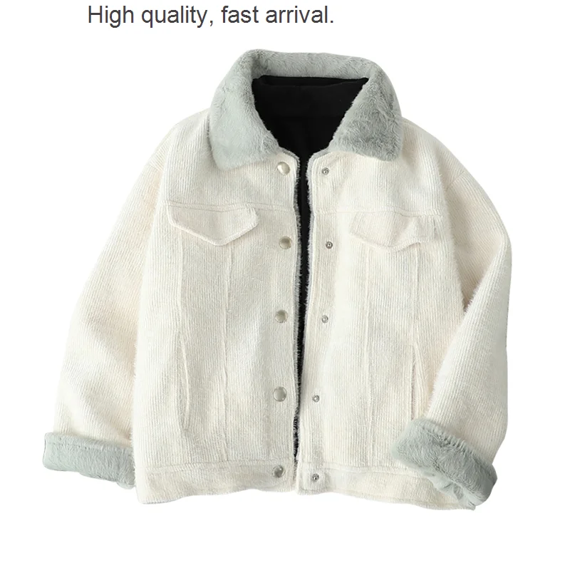 

and Winter Autumn Wild Thick Wool Short Coat Cotton-Padded Coat Women's Dehaired Angora Stitching White Loose Jacket