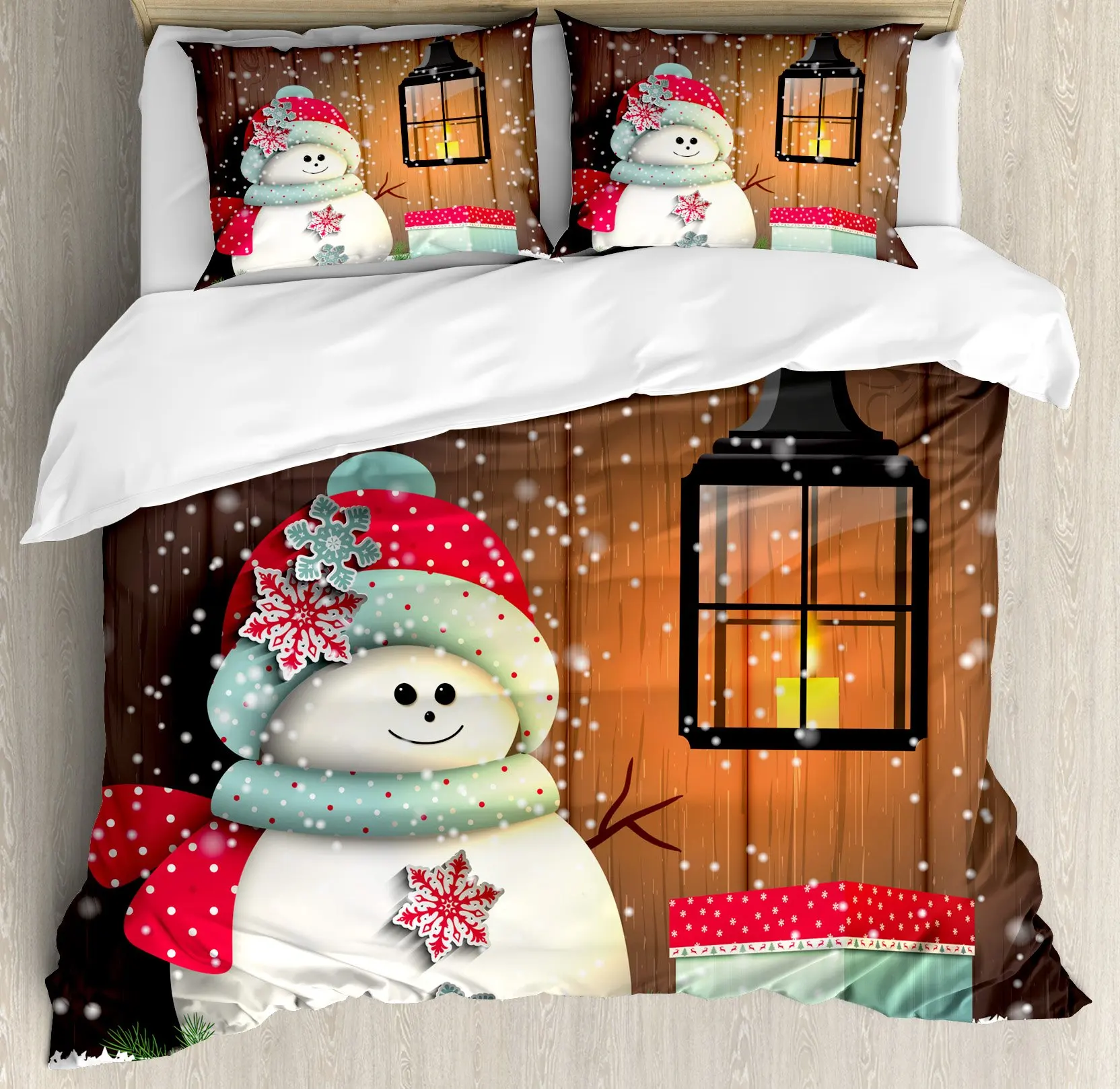 Christmas Duvet Cover Set, Snowman with Santa Hat In The Garden with A Gift Box and Candle Cartoon Image Polyester Bedding Set