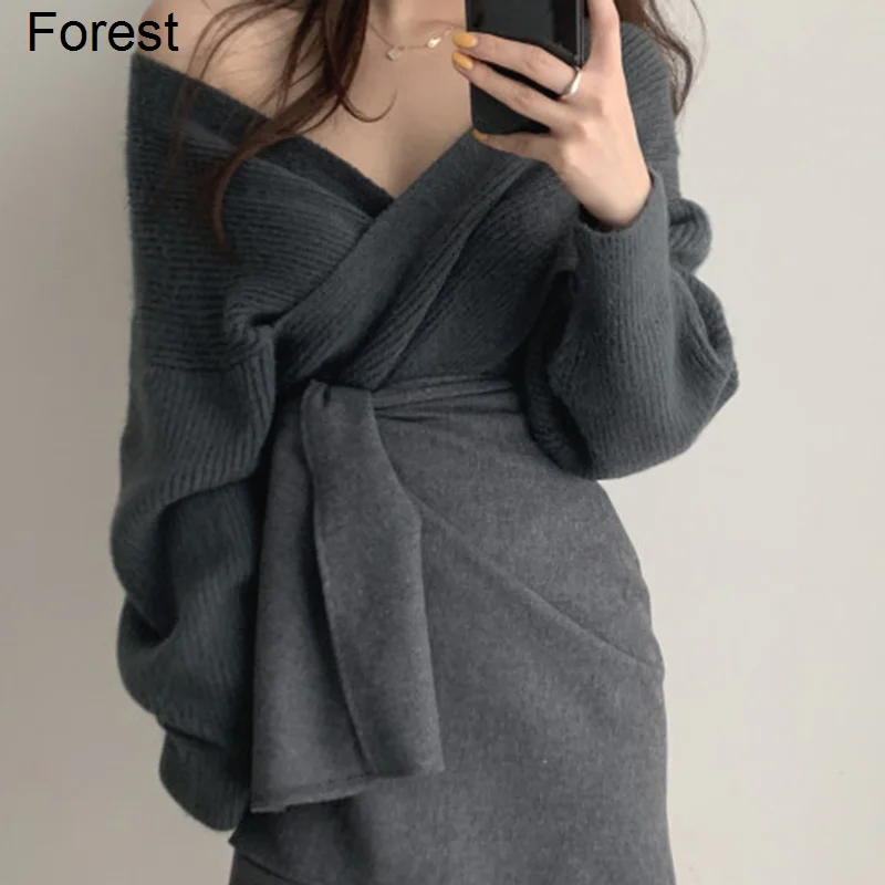 Женский свитер юбка костюм сексуальный облегающий с V-образным вырезом комплект