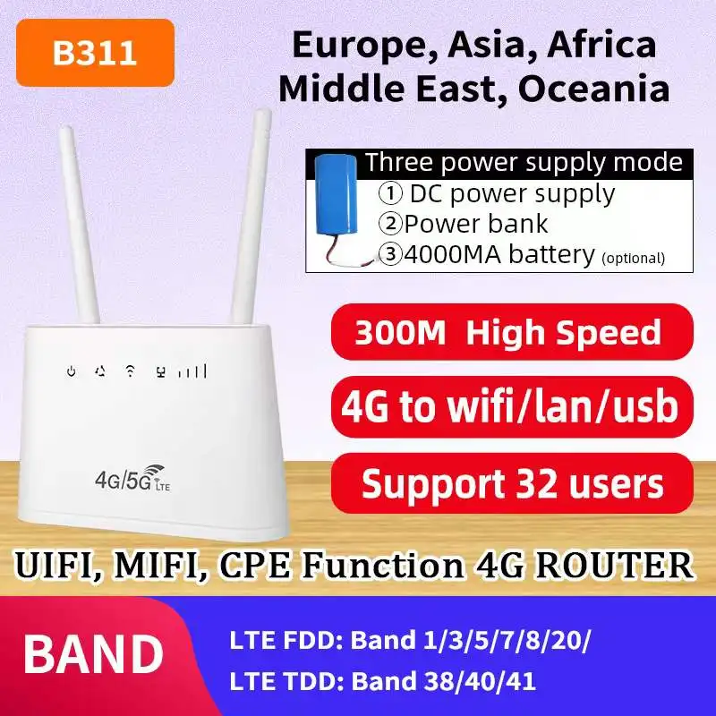 B311 Europe Africa Asia Unlock 4000mAh Wireless CPE LTE Modem USB 4G Wifi Router with SIM Card Mobile Hotspot 32 Users RJ45 LAN