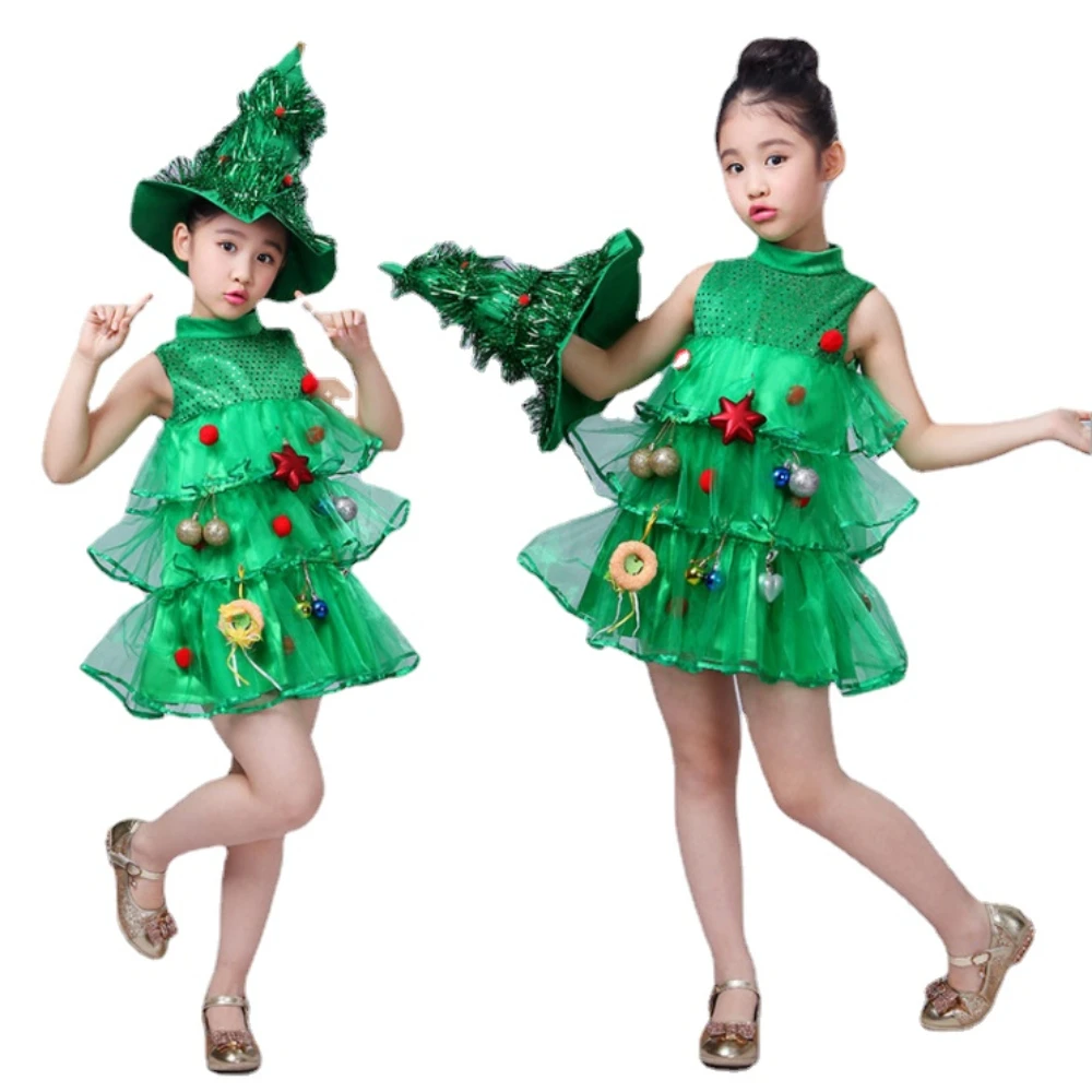 

Girls Kids Green Tree Hat Dress Cosplay Christmas Costume Dresses Tops Party Outfits New Year Elf Gift Navidad 2022 New year