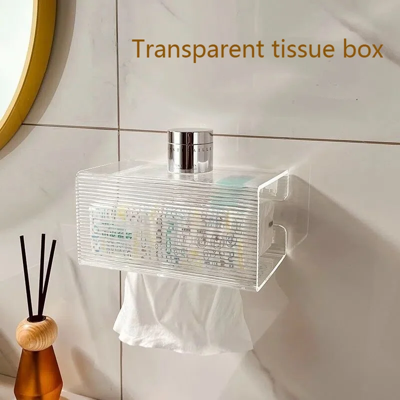 Acrylic Wall Mounted Tissue Box Perforation-Free Toilet Face Wash Towel Roll Paper Multifunctional Storage Roll Paper Holder