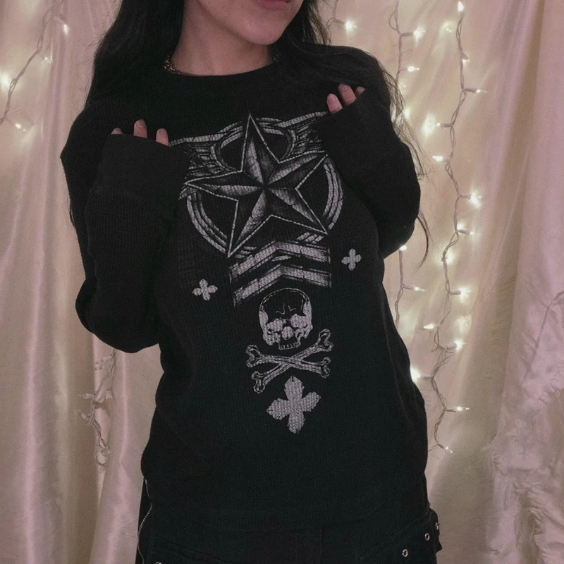 

Dourbesty 2000s Dark Academia Skull T Shirt Women Punk Gothic Graphic Print Long Sleeve Tops y2k Clothes E Girl Tees Streetwear