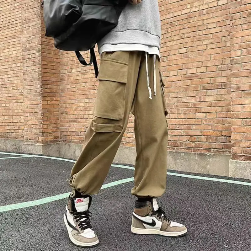 

Vintage Fashion Solid Color Man Cargo Pants High-quality Loose Casual All-match Waist Drawcord Youth Casual Male Ninth Pants