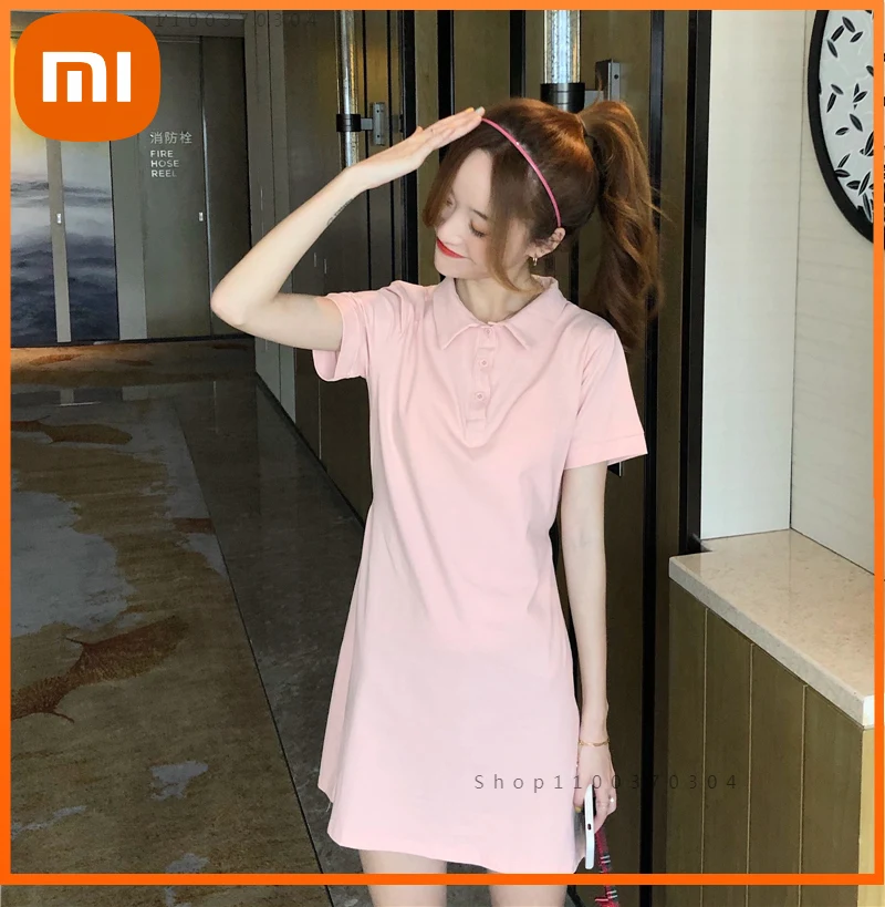 

Новинка, летнее женское платье Xiaomi, однотонные тонкие шикарные платья с коротким рукавом, женское свободное платье, розовое мини-платье