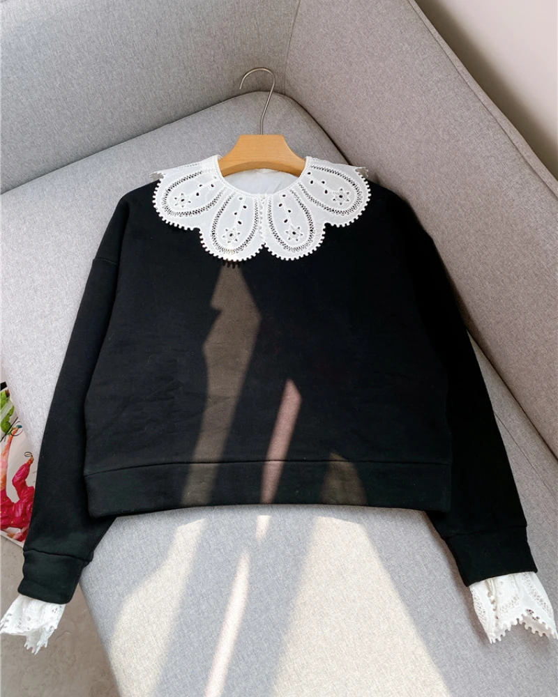 Removable Collar Cuffs 2022 Spring Hollow Doll Collar Sweet Age-reducing Loose Tops Sweater Female Thin Velvet