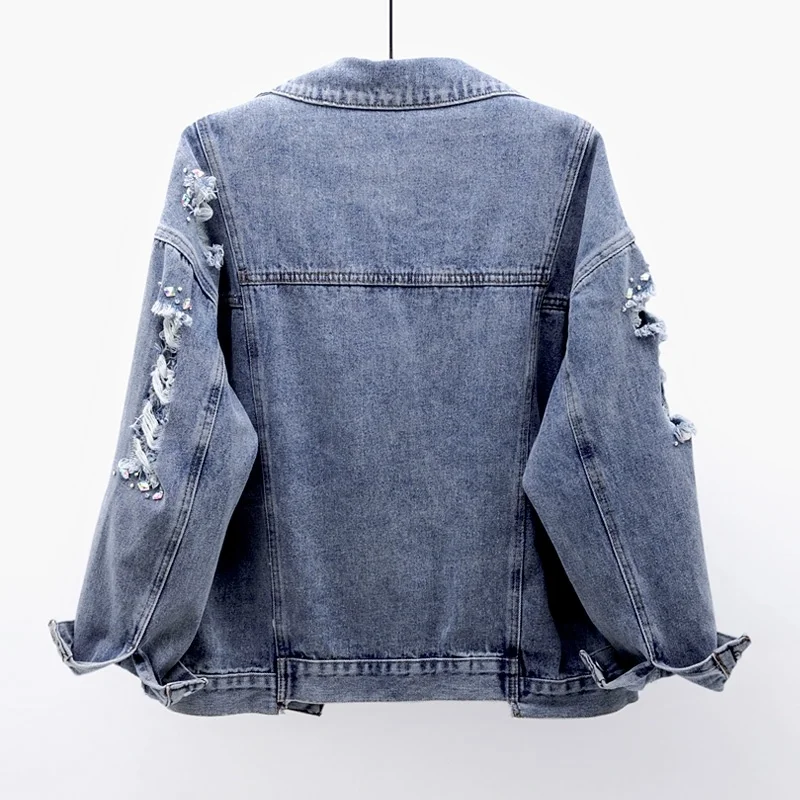 

Hole Korean Denim Women Loose Outerwear Chaquetas Mujer Autumn Fashion Diamond Long sleeve Short Jeans Jacket Coat Female