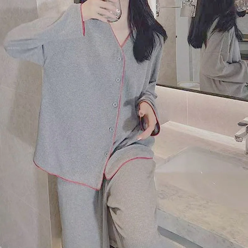 QWEEK Women's Pajamas Korean Set Outfit Solid Color Red Edge Banding Trouser Suits Spring Autumn Sleepwear Pyjamas Pijamas Cute