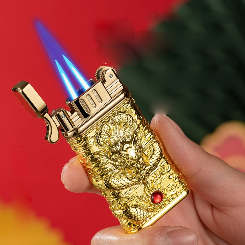 

Metal Carving Grinding Wheel Dual Blue Flame Butane Gas Lighter Outdoor Windproof Turbine Cigar Lighter Gift Men's Small Tools