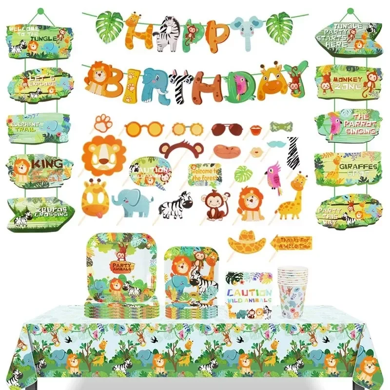 

Woodland Jungle Animals Disposable Tableware Jungle Safari Birthday Party Kid Zoo Monkey Lion Zebra Elephant One 1st Boy Forest