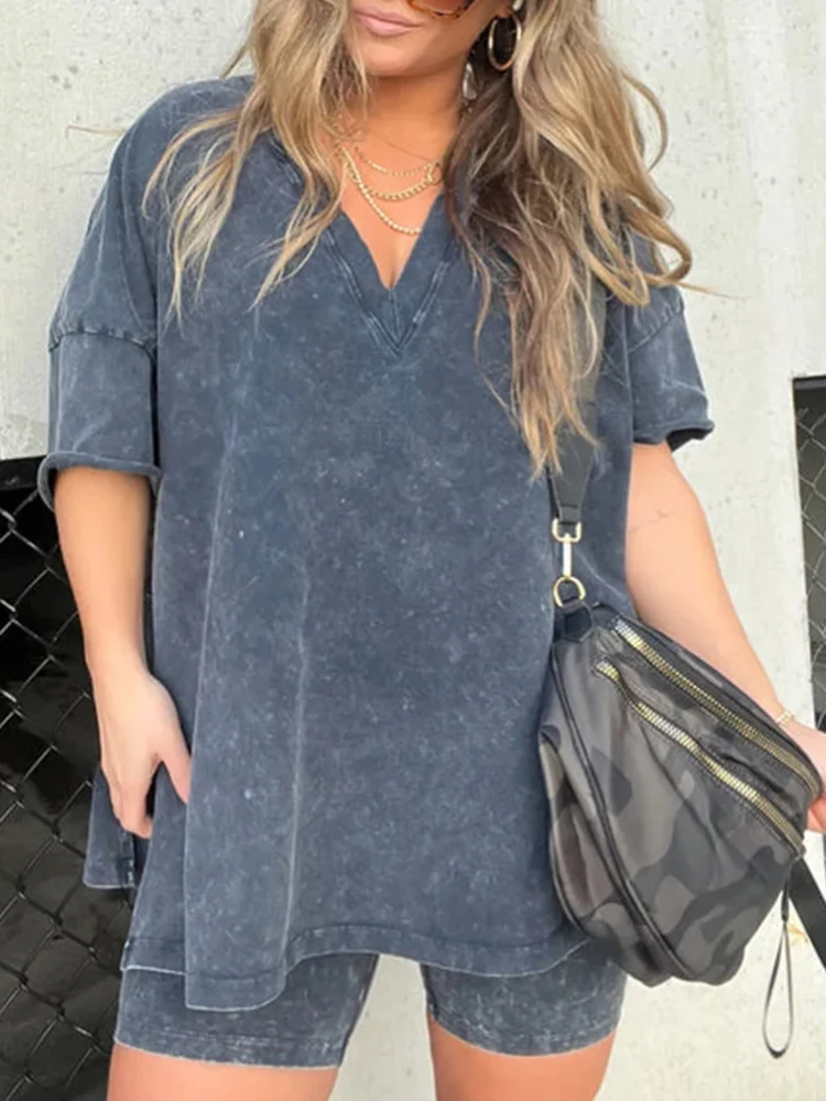 

V-neck Tie-dye Imitation Denim Cotton Suit Short-sleeve Loose T-shirt And Slim Shorts Casual Two-piece Set For Women Outfits 2Pc