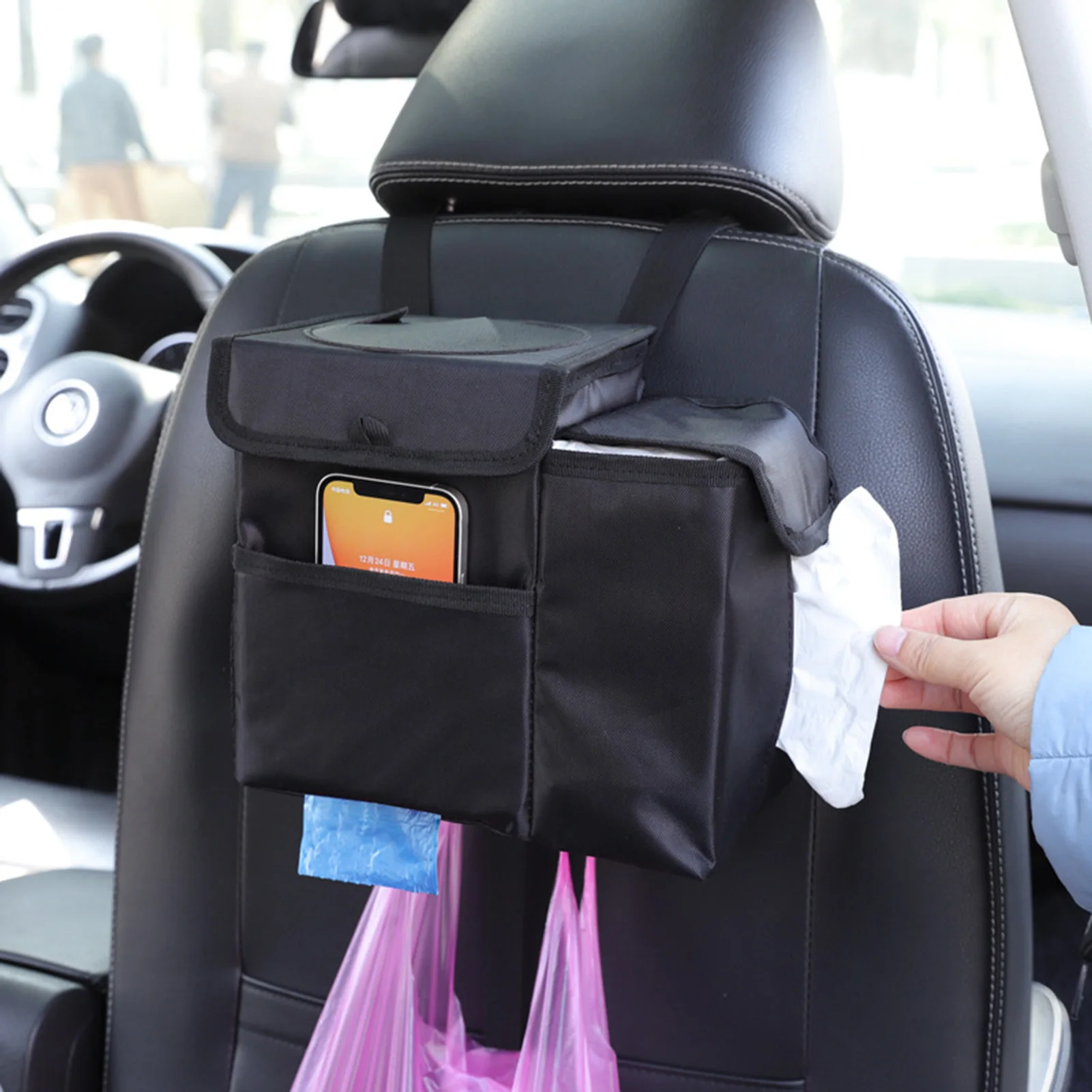 

Car Trash Bin Automotive Garbage Can With Tissue Bag Leak-Proof Storage Pockets Waterproof Collapsible Car Organizer For Vehicle