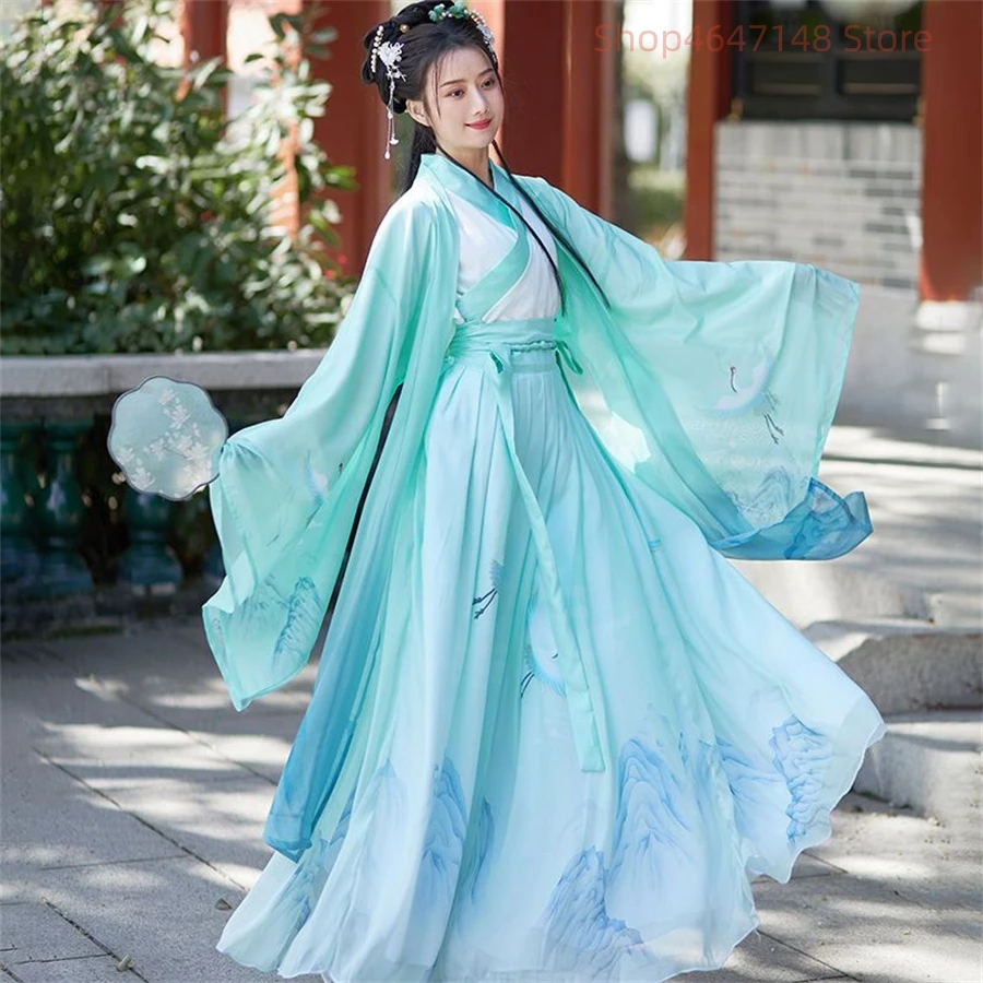 Зеленый красный летний костюм Hanfu женское традиционное китайское Старинное