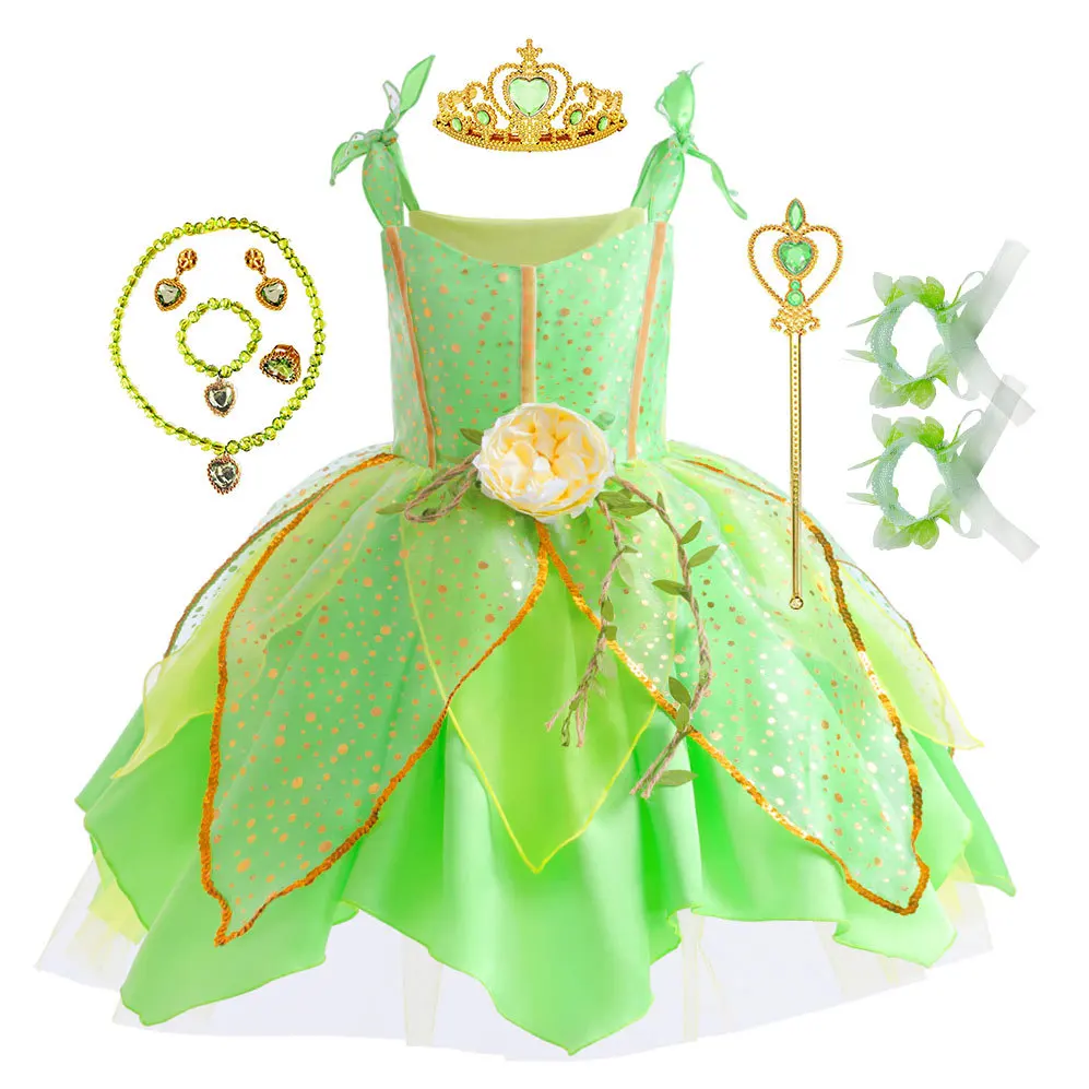 Flower Fairy Dress for Kids Girls Princess Dress Winged Crown Magic Cosplay Tinker Bell Performance Angel Costume Elf Christmas