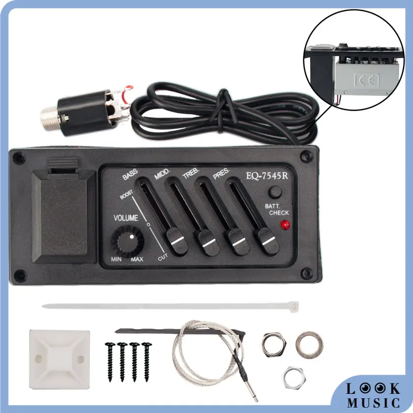 

4 Band Acoutic Guitar Preamp Amplifier EQ Piezo Pickup Pre-Amp Unit Acoustic Guitar EQ-7545R Pickup 6.5MM Output