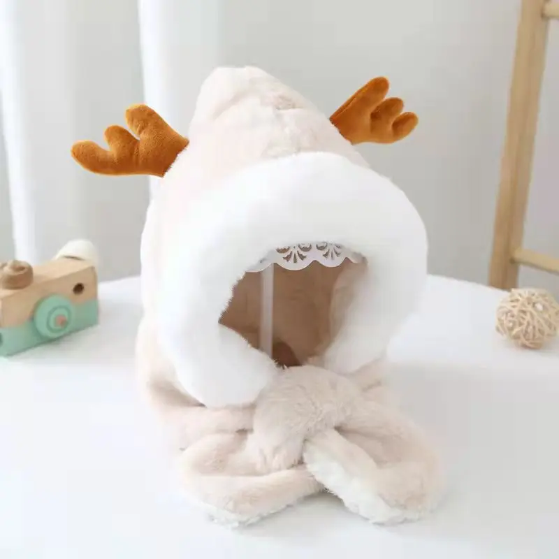 Baby Hat Scarf Winter New Cute Antler Plush Warm Children's Headgear Ear Protection Cartoon Cold Protection enlarge