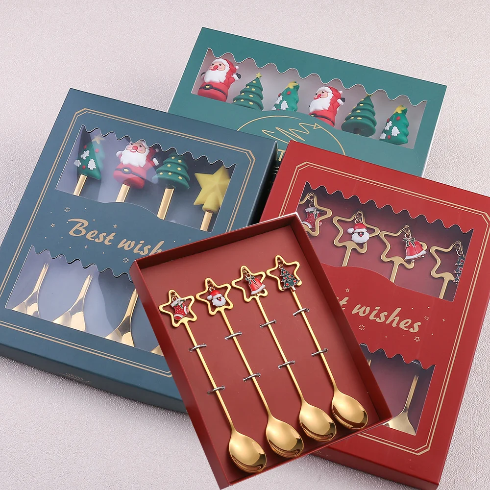 

4PCS Christmas Gift Cutlery Spoon Fork Set Elk Christmas Tree Decoration Dessert Spoon Fruit Fork Coffee Spoon Cutlery Supplies
