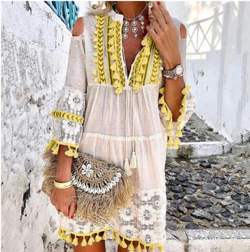 

Ethnic Style Embroidery Hollow Out Bow Women Dress Sweet Long Sleeve Ruffles V-Neck Dress Floral Pullover Clothing Yellow Robe
