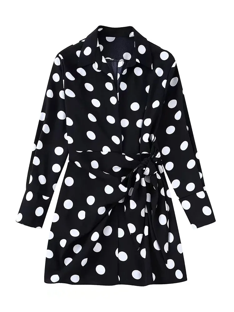 

DYLQFS 2022 женское летнее модное платье-рубашка в горошек с поясом винтажное женское мини-платье с длинным рукавом и отворотом