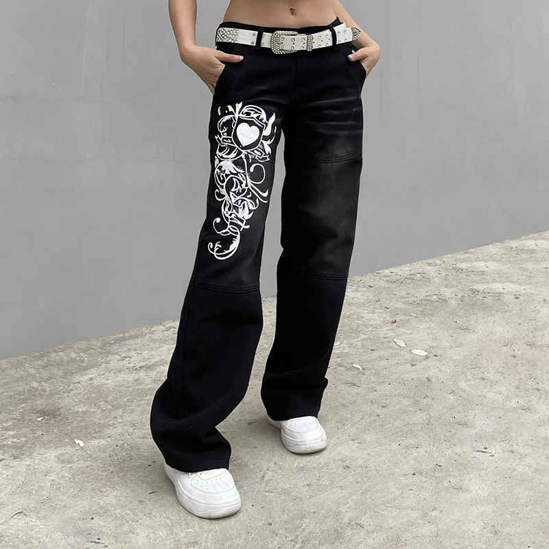 Harajuku Printed Cargo Jeans Y2K Dark Blue Brown High Waist Streetwear 90S Baggy Jeans Women Pants Straight wide leg jeans