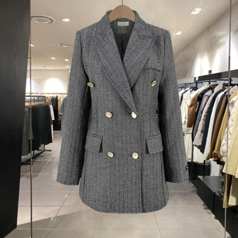 Элегантные женские свободные шерстяные пиджаки с отложным воротником 2024