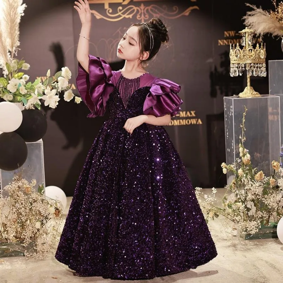 

Gorgeous Girls Purple Tiered Sleeve Back Tie Model Show And Gala Dress 3 To 14 Year Teen Shine Wedding Party And Bridesmaid Gown