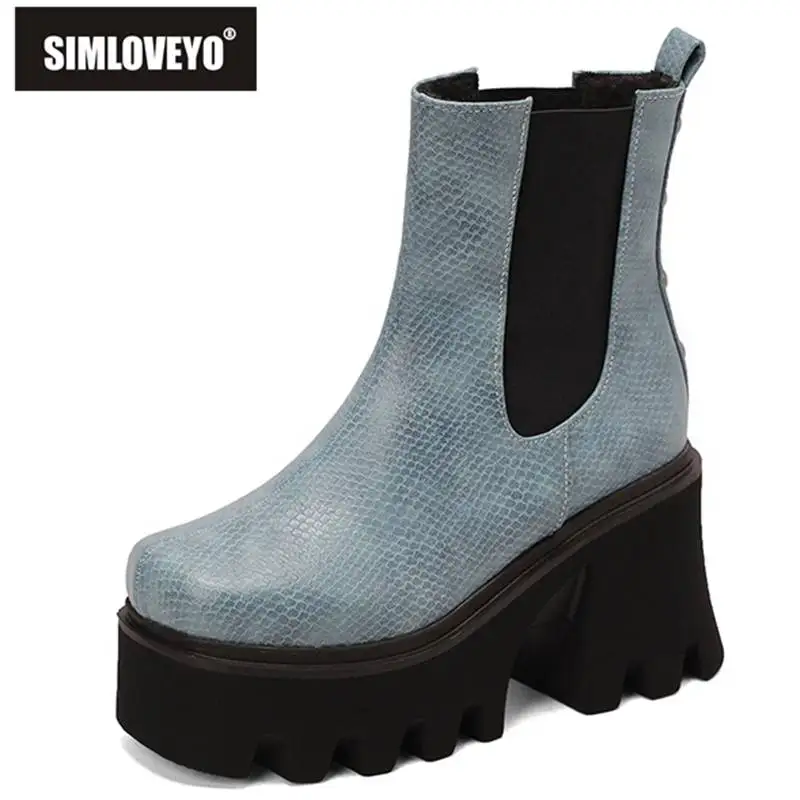 

SIMLOVEYO Womens Boots 14cm Shaft Platform 5cm Chunky High Heel 9cm Square Toe Plaid Slip-on Big Size 34-44 Mature Concise N0098