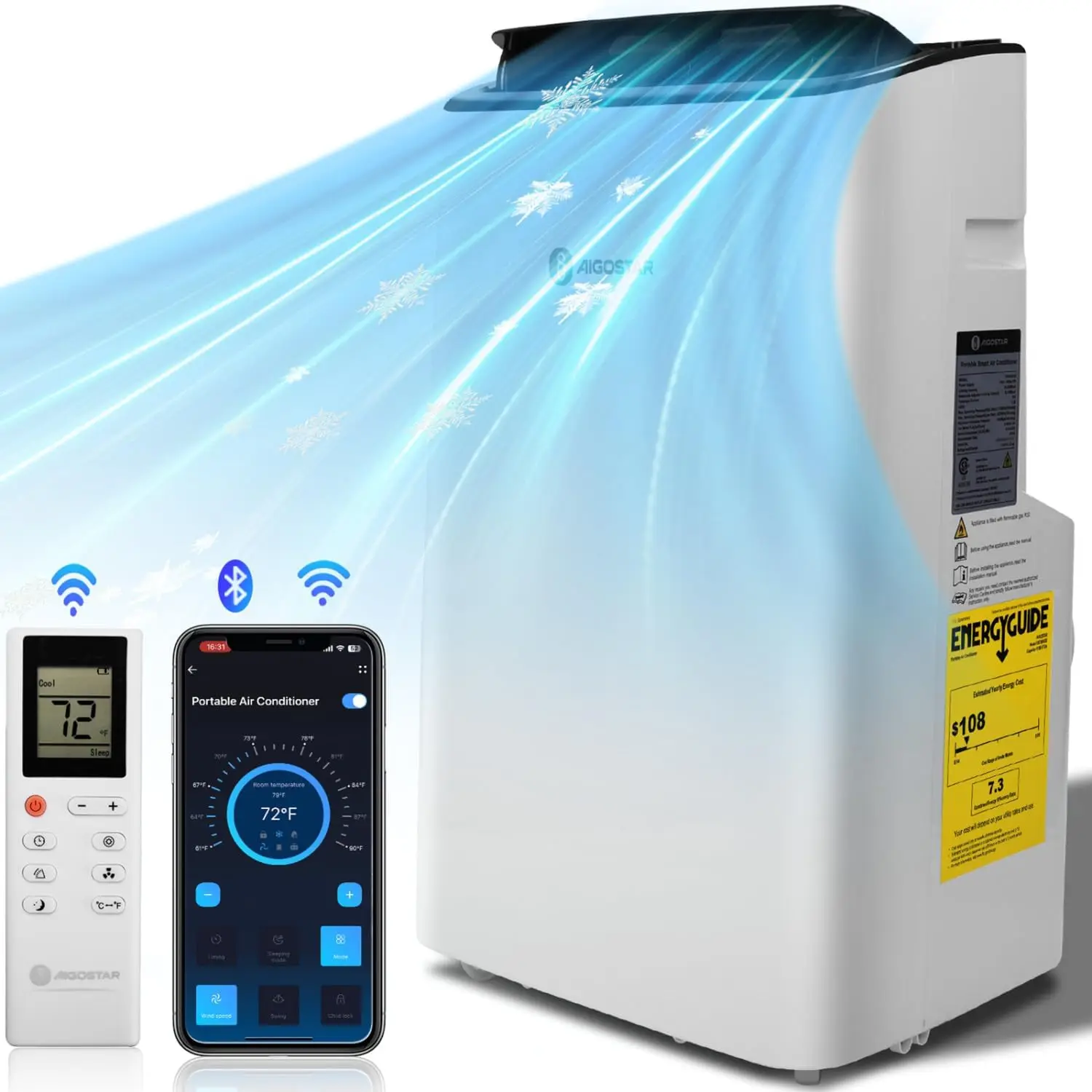 

12000 BTU Smart Portable Air Conditioner, Dehumidifier, Fan, 4-in-1 AC Unit Room Up to 550 Sq.Ft, WIFI App & Remote Control,