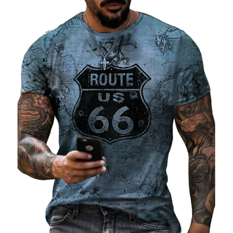 

Men's Tshirt Summer New Oversized Loose Clothes Vintage Short Sleeve Fashion 66 Letters Printed O Collared Tshirts Route 66 Men